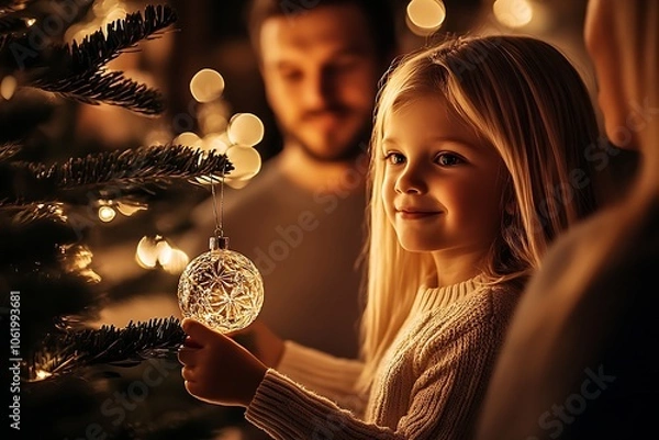 Fototapeta Young girl joyfully decorating Christmas tree with family during festive holidays : Generative AI