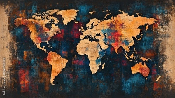 Obraz A stylized world map featuring vibrant colors and textures.