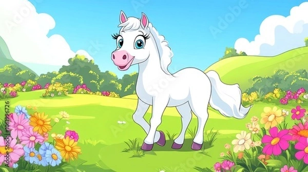 Fototapeta A White Horse Stands in a Colorful Meadow with a Blue Sky. Coloring book illustration.