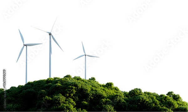 Fototapeta Wind turbines on a green hill, representing renewable energy and sustainability isolate on transparent background, cutout, png