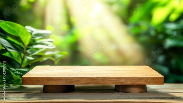 Fototapeta Wooden Platform with Blooming Garden Background