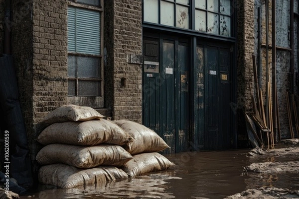 Fototapeta Sandbags used to armor buildings from rising floodwaters. 