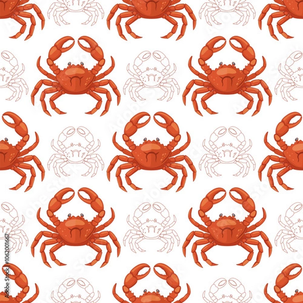 Fototapeta A seamless pattern of bright red crabs on a white background