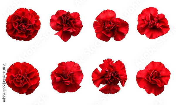 Obraz Set of Nine vibrant red carnations isolate on transparent background, png, cutout
