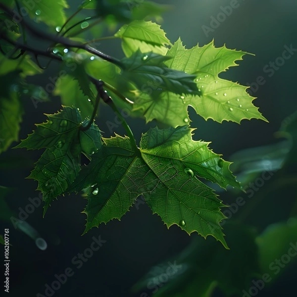 Fototapeta A leaf is wet and has dew on it