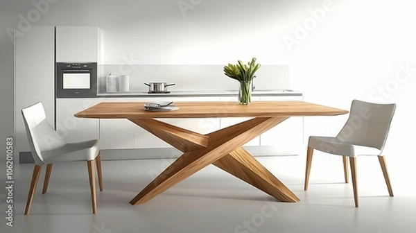 Fototapeta Contemporary kitchen featuring a unique wooden dining table with geometric legs, paired with white chairs and minimalist decor elements.