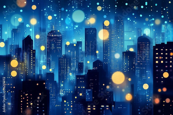 Fototapeta Abstract illustration of night cityscape glows with vibrant bokeh lights and atmospheric contrast sparkles with neon reflections
