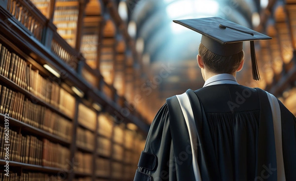 Fototapeta Graduate in cap and gown standing before a large library bookshelf, symbolizing knowledge and achievement.