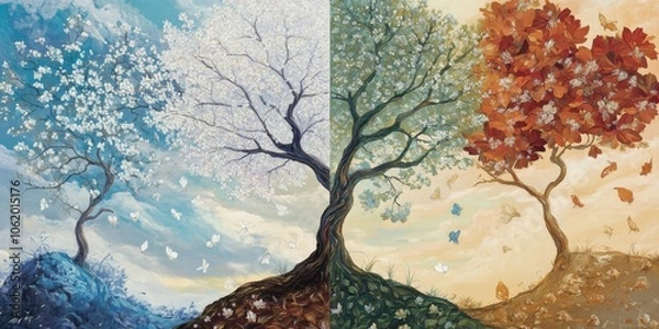Fototapeta Solitary tree embracing the essence of winter and autumn with contrasting branches covered in snow and vibrant leaves, symbolizing the transition between seasons