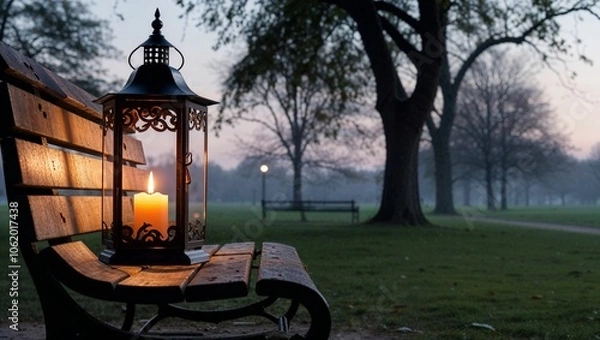 Fototapeta Lantern with a candle on a park bench at dusk creating a peaceful and romantic atmosphere