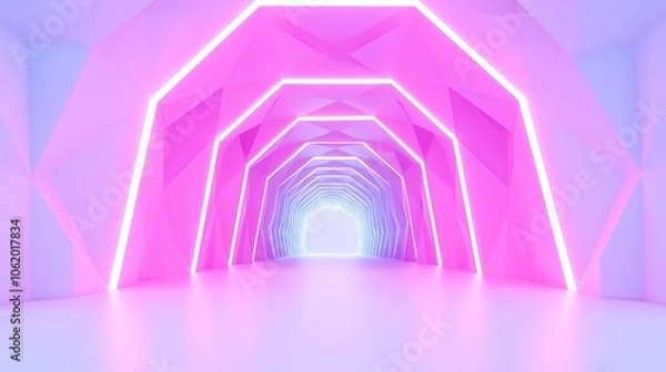 Fototapeta Retro synthwave tunnel, abstract polygons create a vibrant, seamless experience, perfect for DJ performances and music festivals, featuring neon lights and a nostalgic vibe.