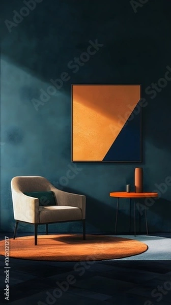 Fototapeta A dark blue wall with an abstract painting, a round orange table and chair in front of it, a dark wood floor, a minimalist style