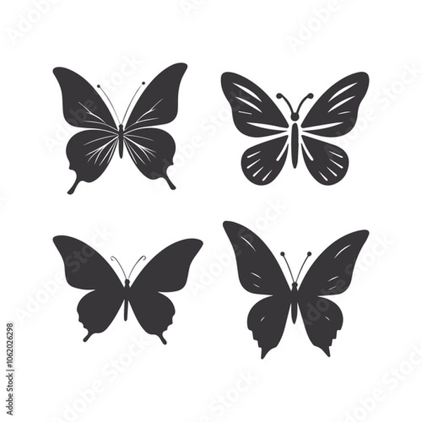 Fototapeta Set of butterflies, silhouettes and butterflies icons isolated on white background.	