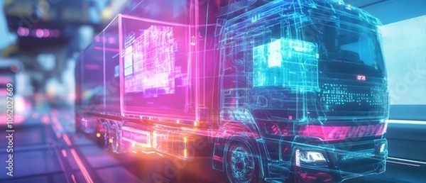 Fototapeta A futuristic, digital truck depicted with neon colors, showcasing advanced technology in a modern, high-tech environment.
