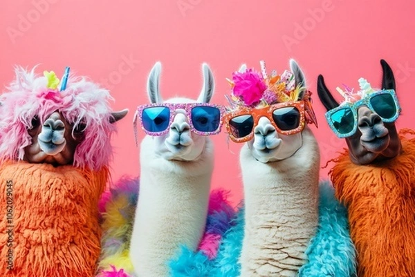 Obraz Creative animal concept. Group of lama in funky Wacky wild mismatch colourful outfits on bright background advertisement, copy space. birthday party invite invitation banner 