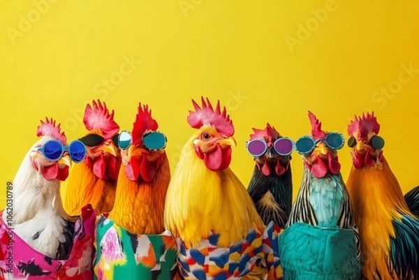 Fototapeta Creative animal concept. Group of chicken in funky Wacky wild mismatch colourful outfits on bright background advertisement, copy space. birthday party invite invitation banner