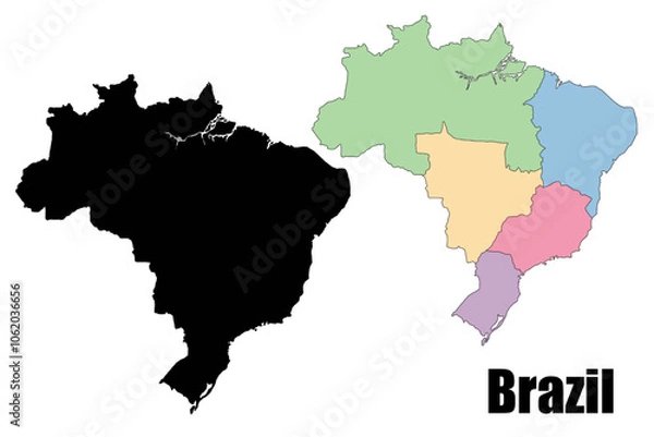 Fototapeta A silhouette of Brazil’s map alongside a multicolored regional division map representing its geographic regions