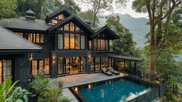 Obraz Modern luxury villa with swimming pool, outside view architecture