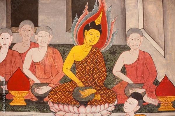 Fototapeta Buddha in the lotus and the Buddhist monks on the historic mural