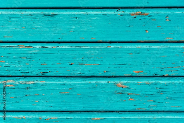Fototapeta Section of textured turquoise wood panelling from a seaside beach hut. Could be used as a background to illustrate beach and summer holiday themes.
