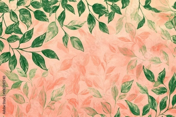 Fototapeta Custom illustrated botanical backdrop in coral and blush hues showcasing verdant floral patterns for home decor, fabric, print media, signage, and packaging purposes