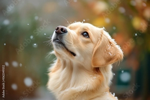 Fototapeta Dog playing in gentle snow flurries, jumping and wagging its tail, capturing the joyful and playful side of winter, symbolizing joy and energy