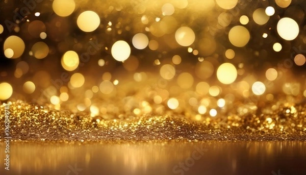 Fototapeta Radiant Golden Glitter Bokeh Background with Sparkling Light Bursts. Perfect for Holiday Celebration Themes, New Year Event Design, Festive Invitations, and Luxury Advertising Concepts