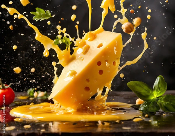 Fototapeta Warm cheese splashes and drips create an appetizing experience in a kitchen setting. Generative AI