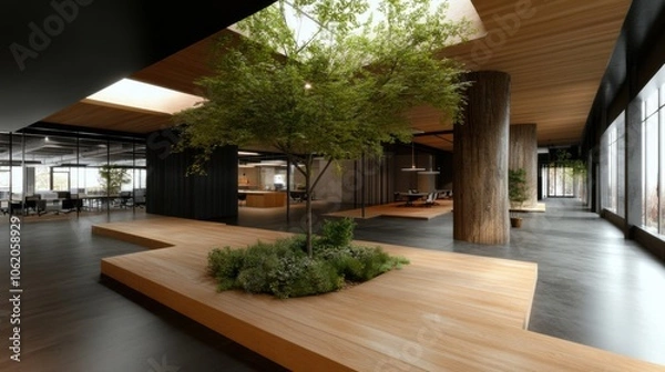 Fototapeta 屋内に木々や現代的なデザイン要素を取り入れたモダンなオフィススペース