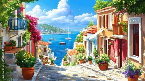 Fototapeta A picturesque scene of the island with its colorful houses, lush greenery, and crystal-clear waters in Greece, in the style of a paint