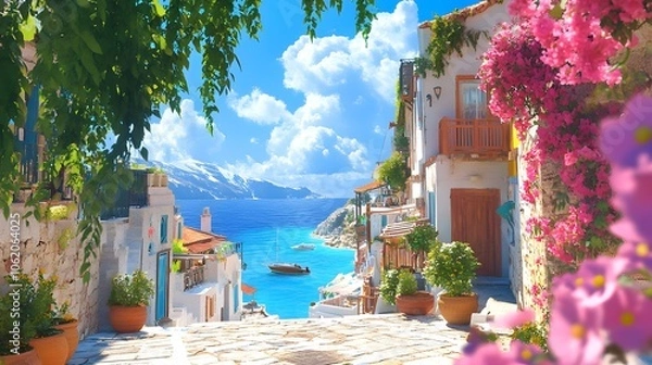 Fototapeta A picturesque scene of the island with its colorful houses, lush greenery, and crystal-clear waters in Greece, in the style of a paint