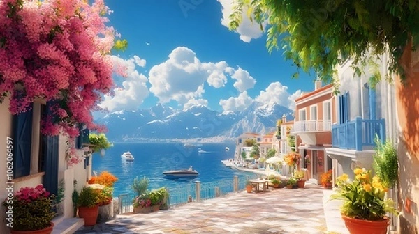 Fototapeta A picturesque scene of the island with its colorful houses, lush greenery, and crystal-clear waters in Greece, in the style of a paint