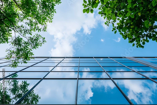 Fototapeta A sustainable green building build with eco friendly concept. Green Leaves with glass building