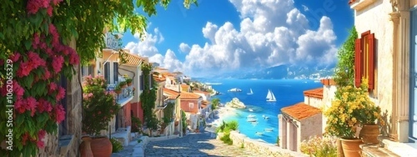 Fototapeta A picturesque scene of the island with its colorful houses, lush greenery, and crystal-clear waters in Greece, in the style of a paint