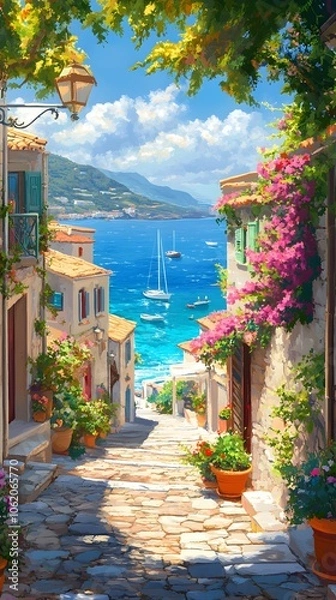 Fototapeta A picturesque scene of the island with its colorful houses, lush greenery, and crystal-clear waters in Greece, in the style of a paint