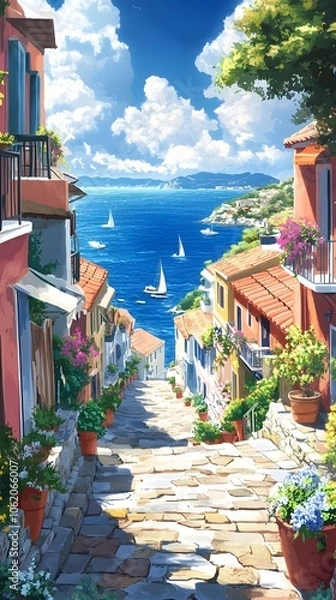 Fototapeta A picturesque scene of the island with its colorful houses, lush greenery, and crystal-clear waters in Greece, in the style of a paint