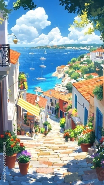 Fototapeta A picturesque scene of the island with its colorful houses, lush greenery, and crystal-clear waters in Greece, in the style of a paint
