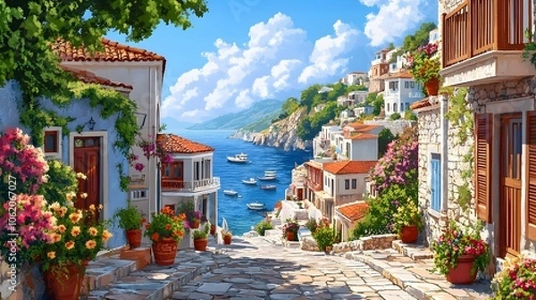 Fototapeta A picturesque scene of the island with its colorful houses, lush greenery, and crystal-clear waters in Greece, in the style of a paint