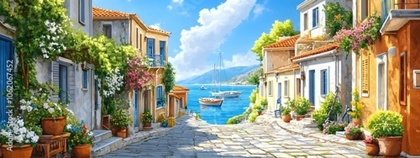 Fototapeta A picturesque scene of the island with its colorful houses, lush greenery, and crystal-clear waters in Greece, in the style of a paint