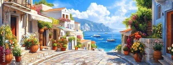 Fototapeta A picturesque scene of the island with its colorful houses, lush greenery, and crystal-clear waters in Greece, in the style of a paint