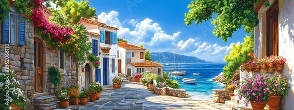 Fototapeta A picturesque scene of the island with its colorful houses, lush greenery, and crystal-clear waters in Greece, in the style of a paint