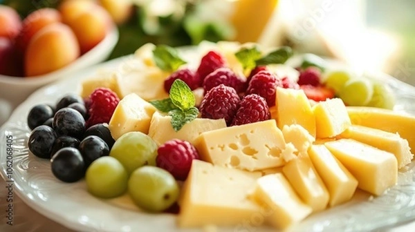 Fototapeta A delightful dessert plate featuring Parmigiano-Reggiano cheese paired with fruit compote and elegant garnishes, capturing the essence of gourmet culinary art.