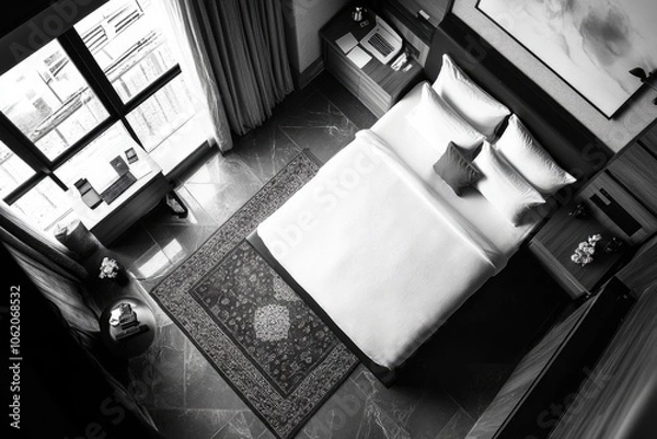 Fototapeta A modern and elegant hotel room with a spacious bed, stylish decor, and luxurious amenities.