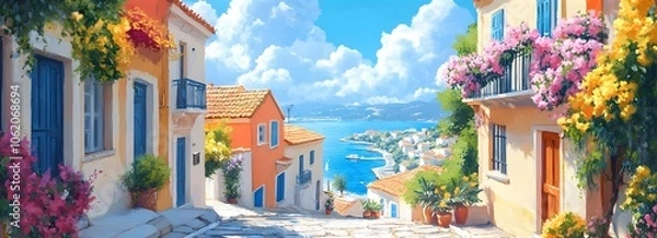 Fototapeta A picturesque scene of the island with its colorful houses, lush greenery, and crystal-clear waters in Greece, in the style of a paint