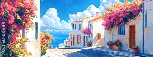 Fototapeta A picturesque scene of the island with its colorful houses, lush greenery, and crystal-clear waters in Greece, in the style of a paint