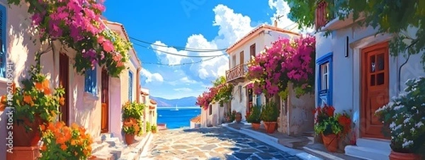 Fototapeta A picturesque scene of the island with its colorful houses, lush greenery, and crystal-clear waters in Greece, in the style of a paint
