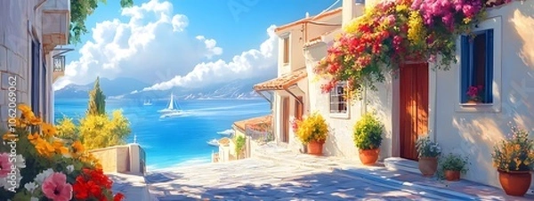 Fototapeta A picturesque scene of the island with its colorful houses, lush greenery, and crystal-clear waters in Greece, in the style of a paint