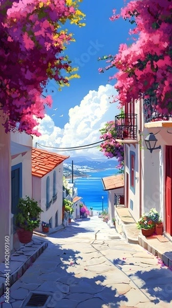 Fototapeta A picturesque scene of the island with its colorful houses, lush greenery, and crystal-clear waters in Greece, in the style of a paint