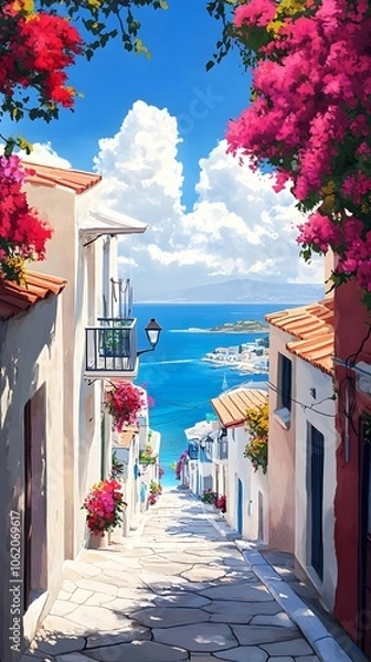 Fototapeta A picturesque scene of the island with its colorful houses, lush greenery, and crystal-clear waters in Greece, in the style of a paint