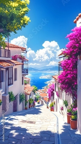 Fototapeta A picturesque scene of the island with its colorful houses, lush greenery, and crystal-clear waters in Greece, in the style of a paint